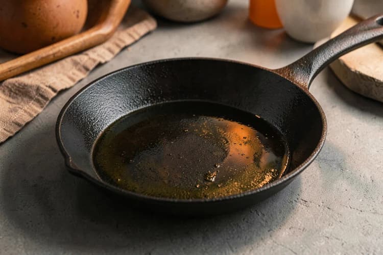 Panela de ferro fundido com camada de óleo brilhante, pronta para ir ao forno.
