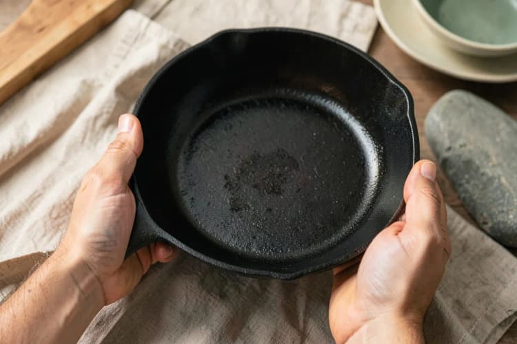 Mãos segurando uma panela de ferro fundido recém-curada, com acabamento escuro e uniforme.