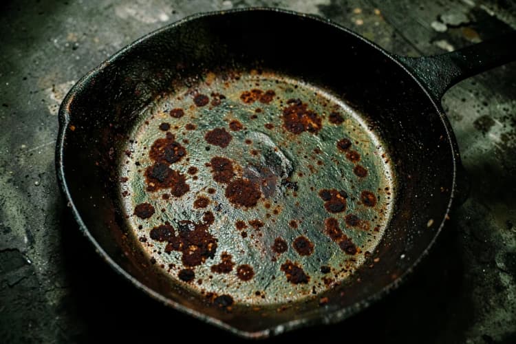 Panela de ferro fundido com pontos de ferrugem e aspecto irregular.