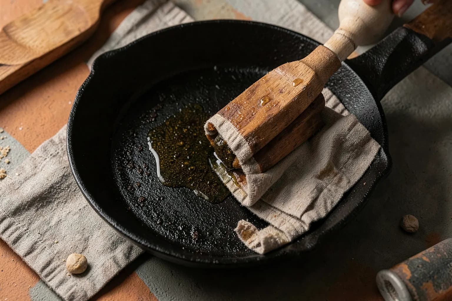 Panela de ferro fundido sendo untada com óleo e pano.