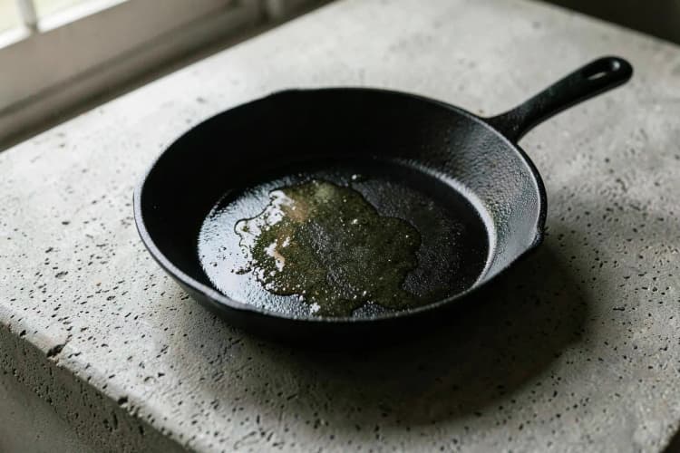 Panela de ferro fundido com camada de óleo brilhante, pronta para ir ao forno