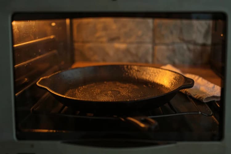 Panela de ferro fundido dentro de um forno pré-aquecido