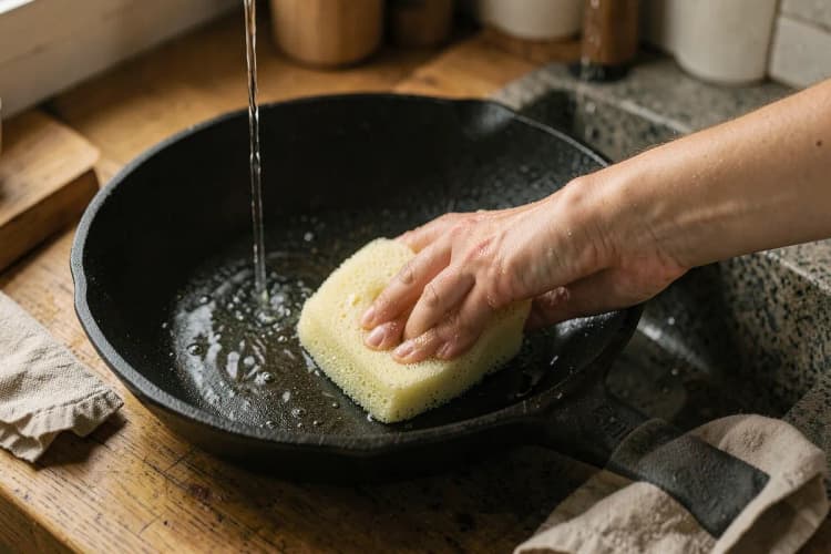 Pessoa limpando uma panela de ferro fundido curada com esponja macia