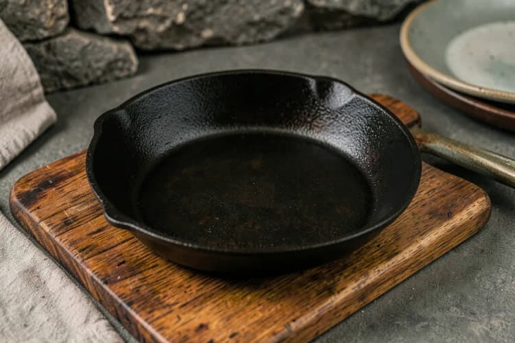 Panela de ferro fundido com aspecto escuro e uniforme após a cura