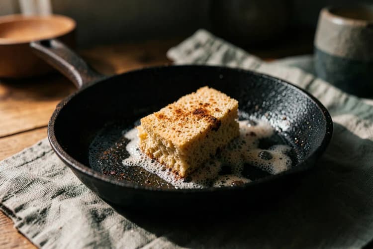 Uma panela de ferro com ferrugem sendo esfregada com uma esponja abrasiva, com espuma visível.