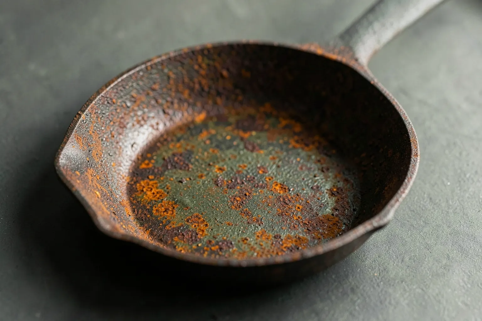 Uma panela de ferro antiga com manchas de ferrugem visíveis, em close-up sobre uma superfície de madeira rústica.