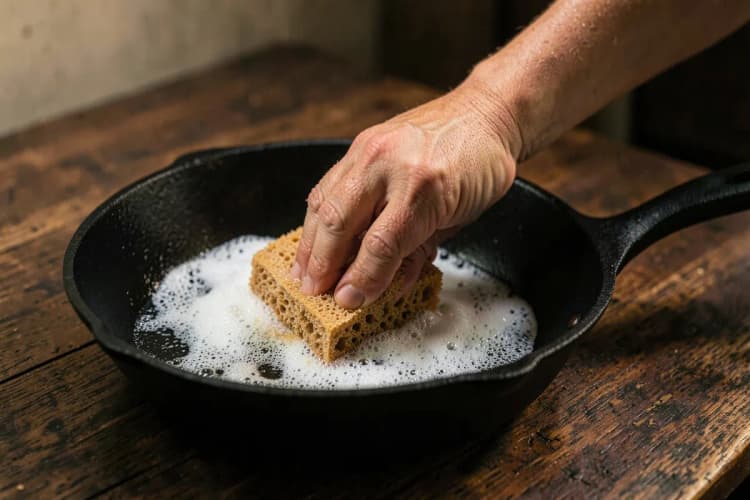 Uma mão esfregando o interior de uma panela de ferro com uma esponja, com espuma visível, em uma bancada de madeira escura.