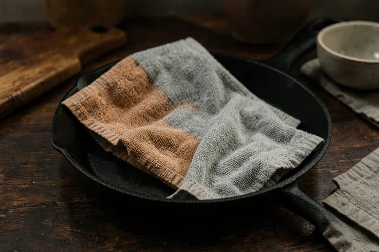 Uma panela de ferro fundido sendo seca com um pano de prato limpo, em uma bancada de madeira escura.