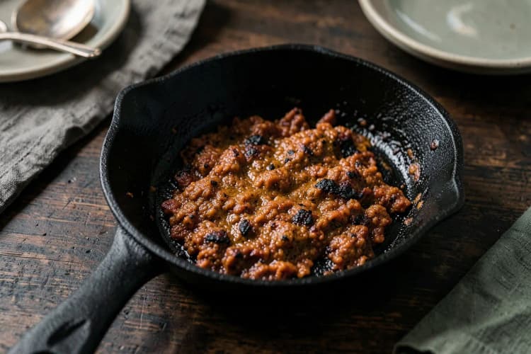 Uma panela de ferro fundido com resíduos pretos queimados no fundo, em uma bancada de madeira escura.