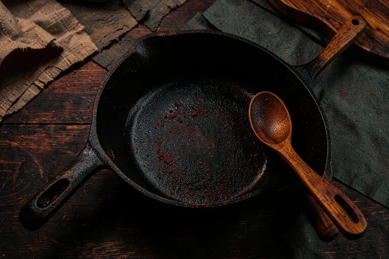 Uma panela de ferro fundido com cabo de madeira, vista de cima, com uma colher de pau ao lado, em uma bancada de madeira escura com detalhes em laranja.