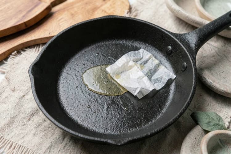 Close-up de uma panela de ferro fundido com uma fina camada de óleo sendo aplicada com papel toalha.