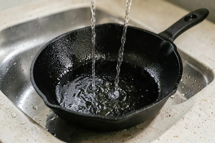 Panela de ferro fundido sendo enxaguada em água corrente, com gotas de água visíveis na superfície.