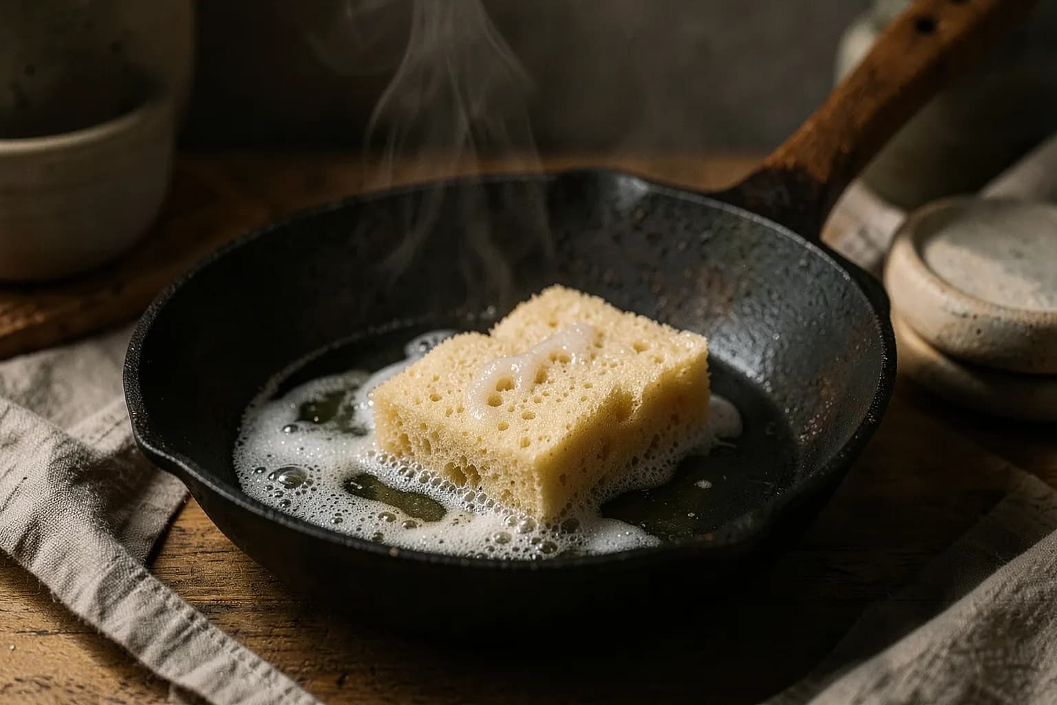 Panela de ferro fundido sendo limpa com esponja e sabão neutro, com vapor subindo suavemente.