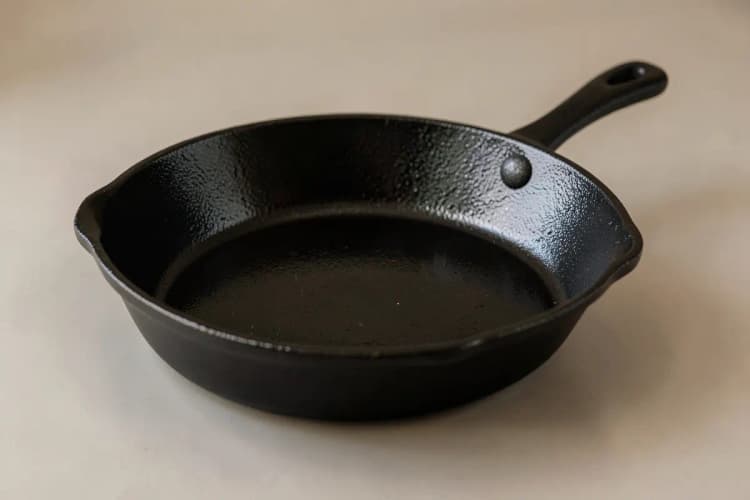 Panela de ferro recém-limpa e seca, com superfície brilhante e sem sinais de ferrugem, pronta para ser guardada