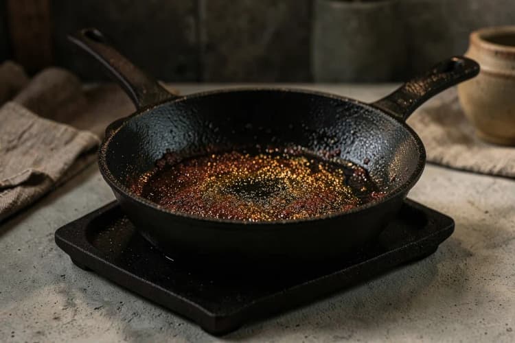 Uma panela de ferro fundido com uma camada de óleo queimada, indicando o processo de cura.