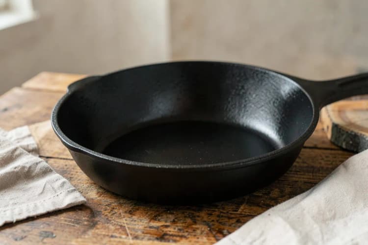 Uma panela de ferro fundido limpa e brilhante após a cura, sendo guardada.