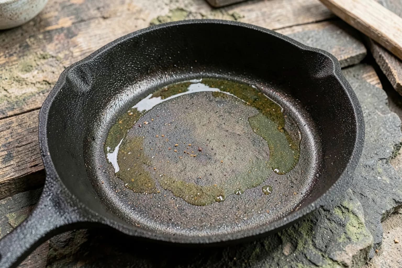 Uma panela de ferro fundido sendo curada com óleo e calor, com foco na textura do metal e no brilho do óleo.
