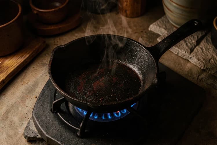 Panela de ferro fundido no fogão com fogo baixo, em processo de cura.