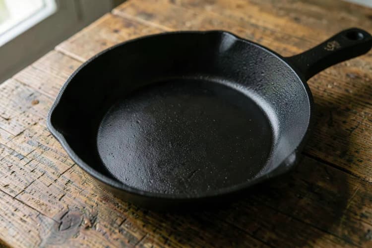 Panela de ferro fundido limpa e seca após a cura, com brilho renovado.