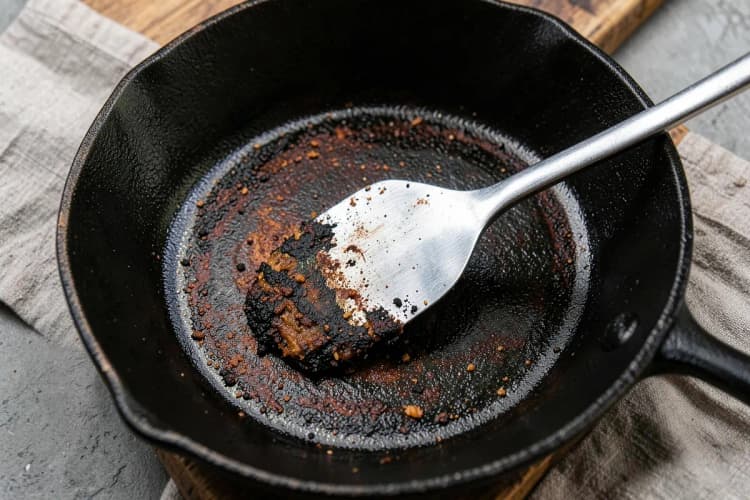 Uma faca raspando resíduos de comida de uma panela de ferro fundido.