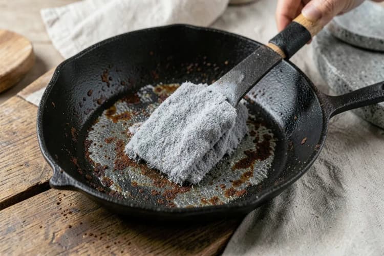 Panela de ferro fundido com manchas de ferrugem sendo limpa com esponja de aço.