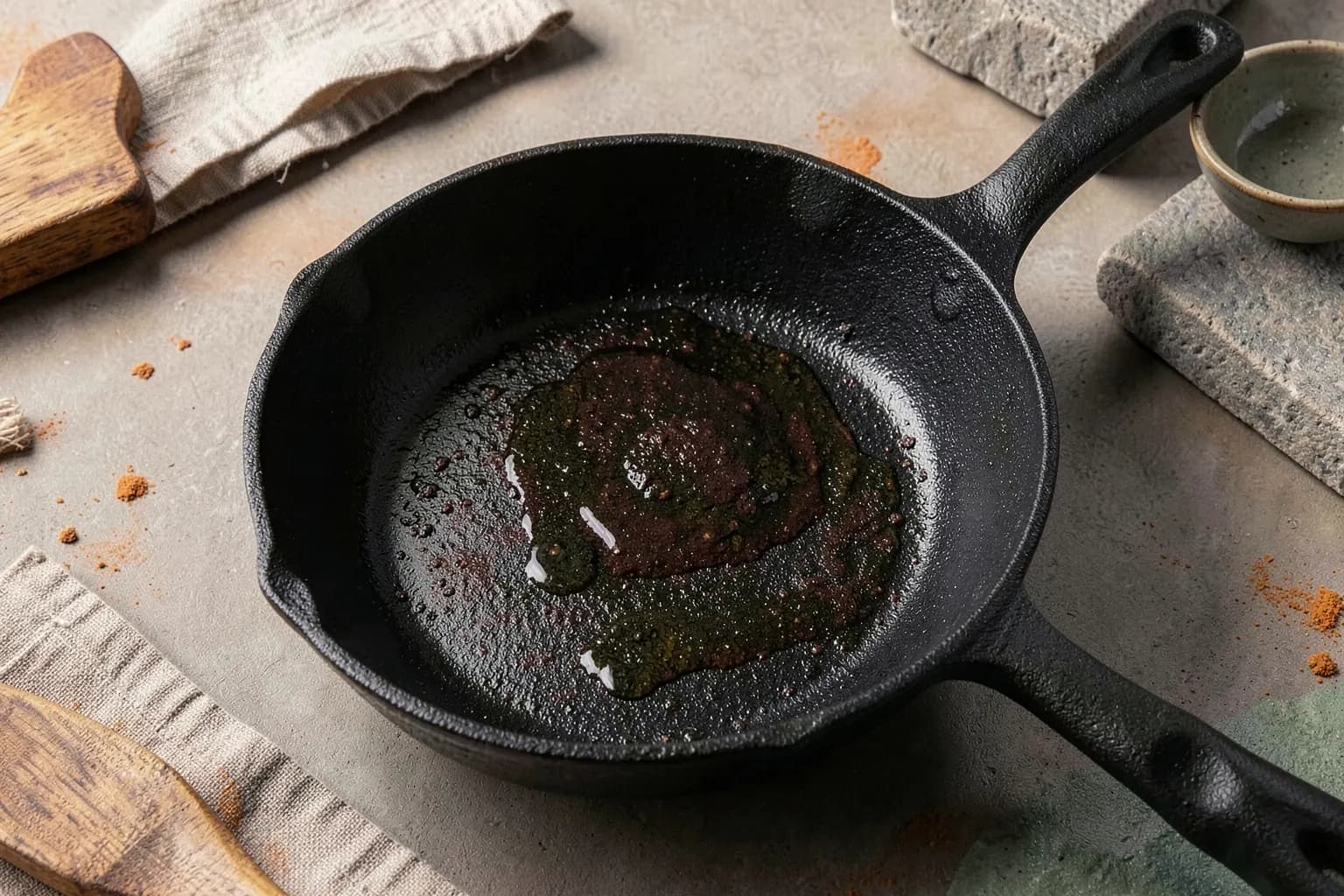 Panela de ferro fundido sendo curada com óleo e calor, com foco na textura e brilho do metal.