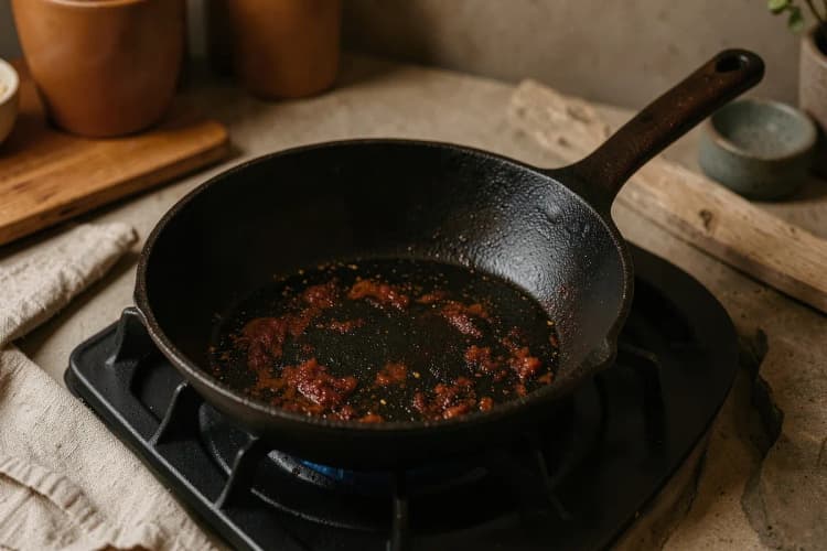 Uma panela de ferro fundido no fogão, em processo de cura com calor.