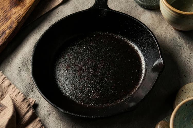 Uma panela de ferro fundido após a cura, com uma cor escura e brilhante.
