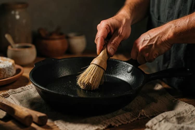 Uma pessoa usando uma escova para limpar suavemente uma panela de ferro fundido.