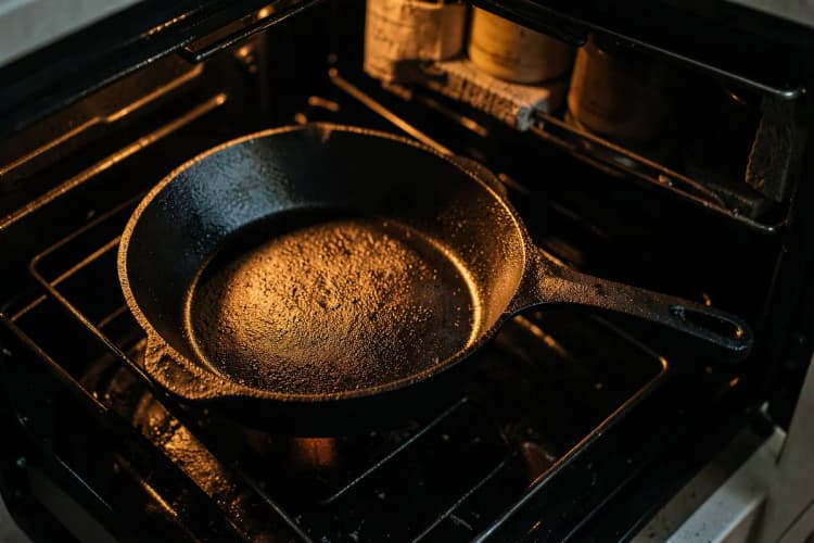Uma panela de ferro fundido sendo colocada em um forno.