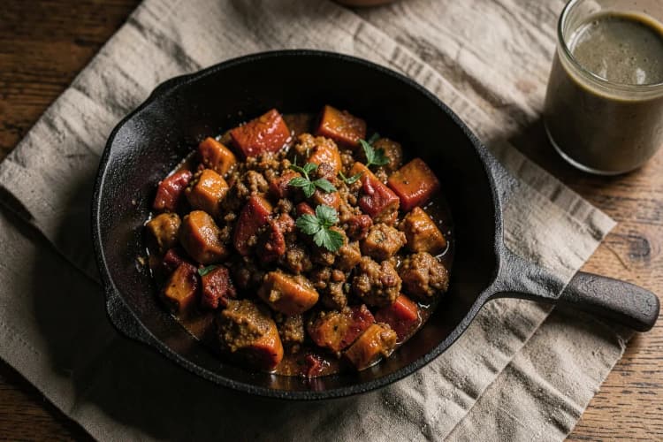 Uma variedade de alimentos sendo preparados em uma panela de ferro fundido.