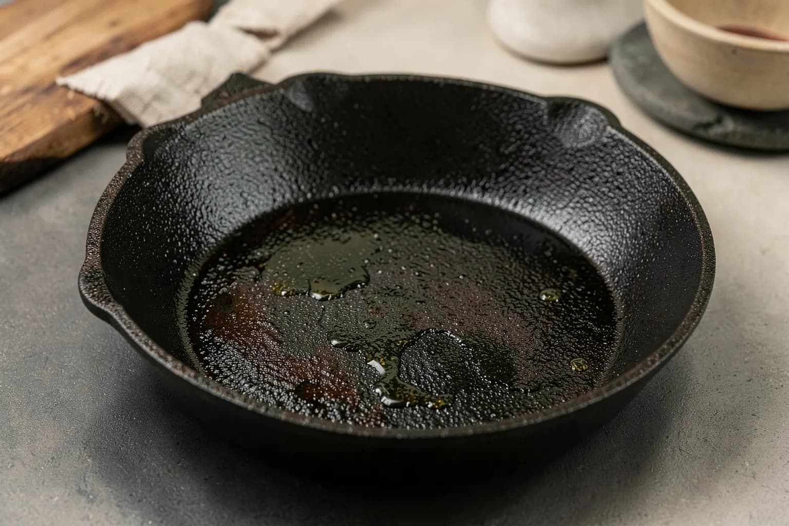 Uma panela de ferro fundido sendo curada com óleo e calor, com foco na textura e cor do metal.